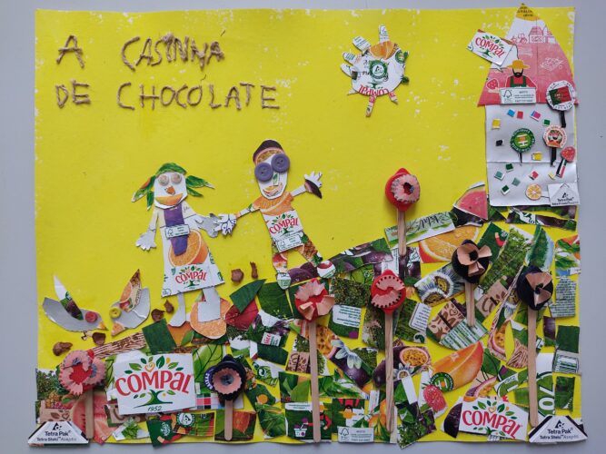 "Casinha de Chocolate" com a floresta, o João e a Maria, os passarinhos que comeram as migalhas e a casinha de chocolate e de doces.